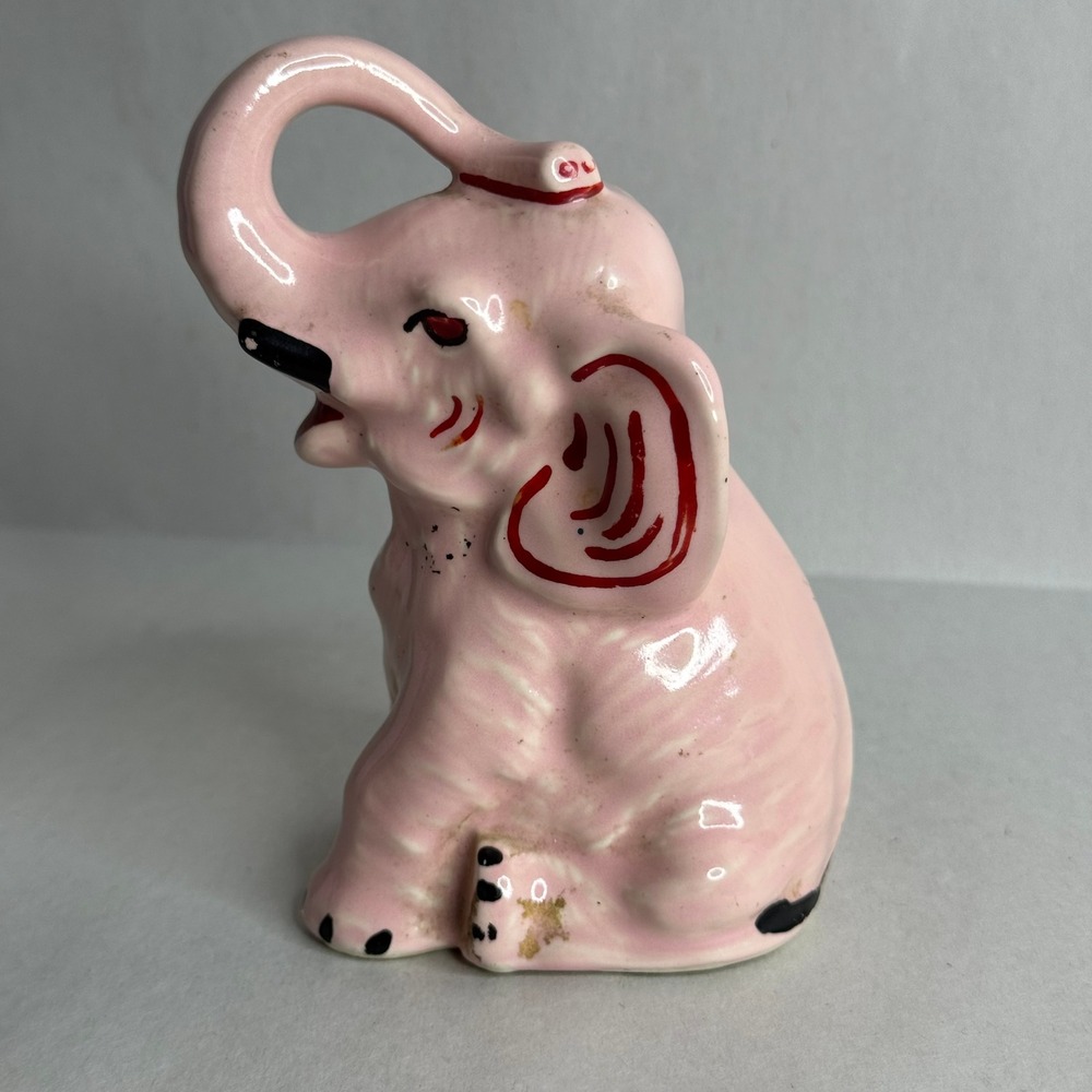 Vintage Pink Elephant Ceramic Coin Bank Figurine Hand Painted Mid Century Decor